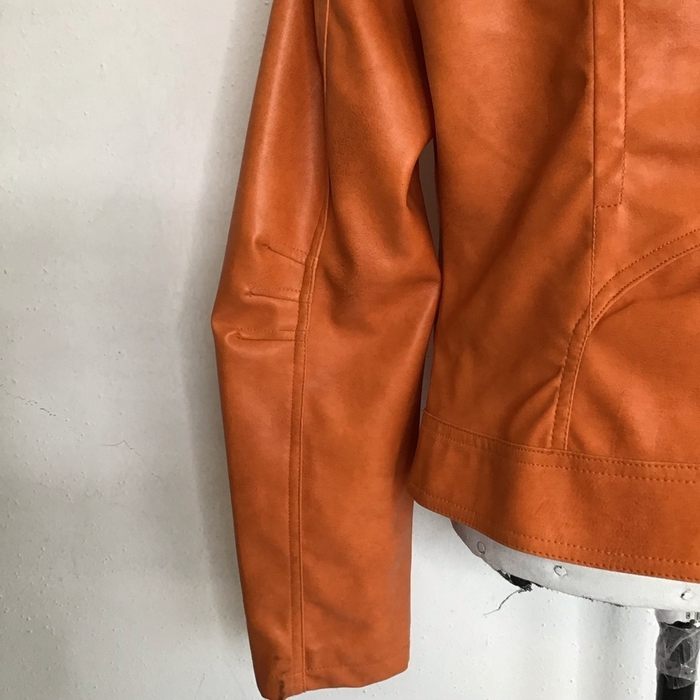 YOKI COLLECTION WOMEN ELEGANT VIBRANT ORANGE FAUX LEATHER COLLAR MOTO JACKET M - Picture 6 of 10